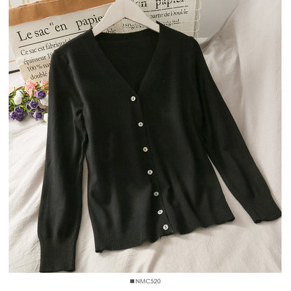 Single breasted V-neck cardigan long sleeve bottomed blouse female  1794