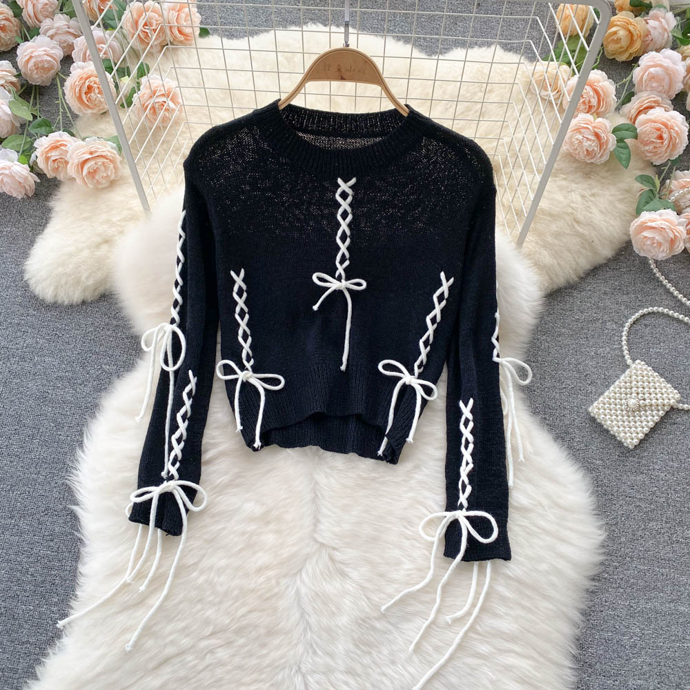 Early autumn Vintage short sweater women's design navel sweater  1612