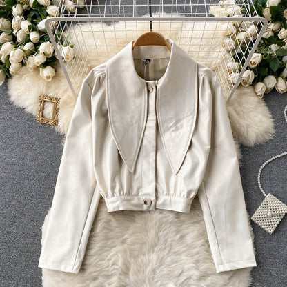 Women's Scarf Collar long sleeve single car leather coat  1510