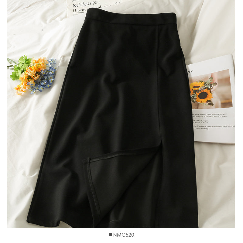Versatile solid split mid length skirt for women  2551