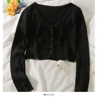 Long sleeve single breasted top women's new short versatile slim knit  1973