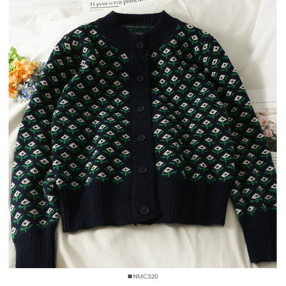 Sweater women's autumn color matching printed long sleeved Knitted Top  1956