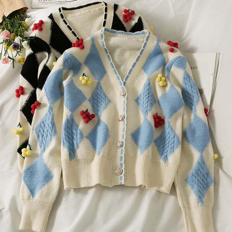 Three dimensional decorative single breasted cardigan long sleeved sweater  1804