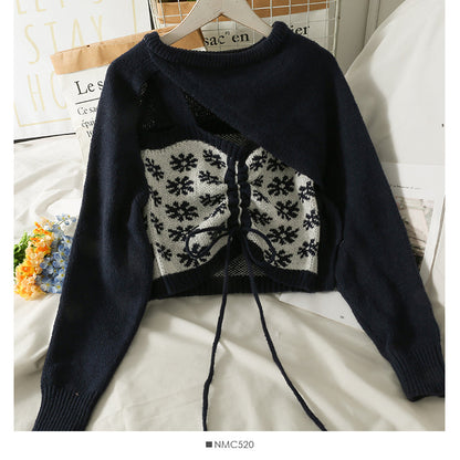 Design sense round neck long sleeve Pullover Sweater with suspender inside  1797