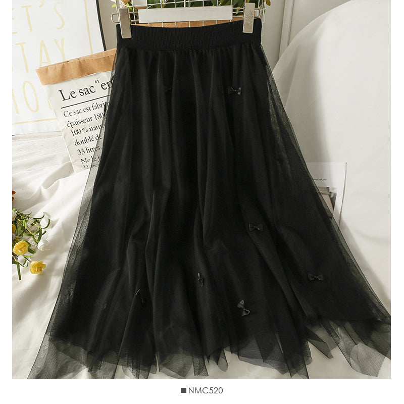 Three dimensional bow high waist medium length skirt  2564