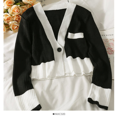 Han Fan contrast color stitched one button long sleeve sweater for women  1949