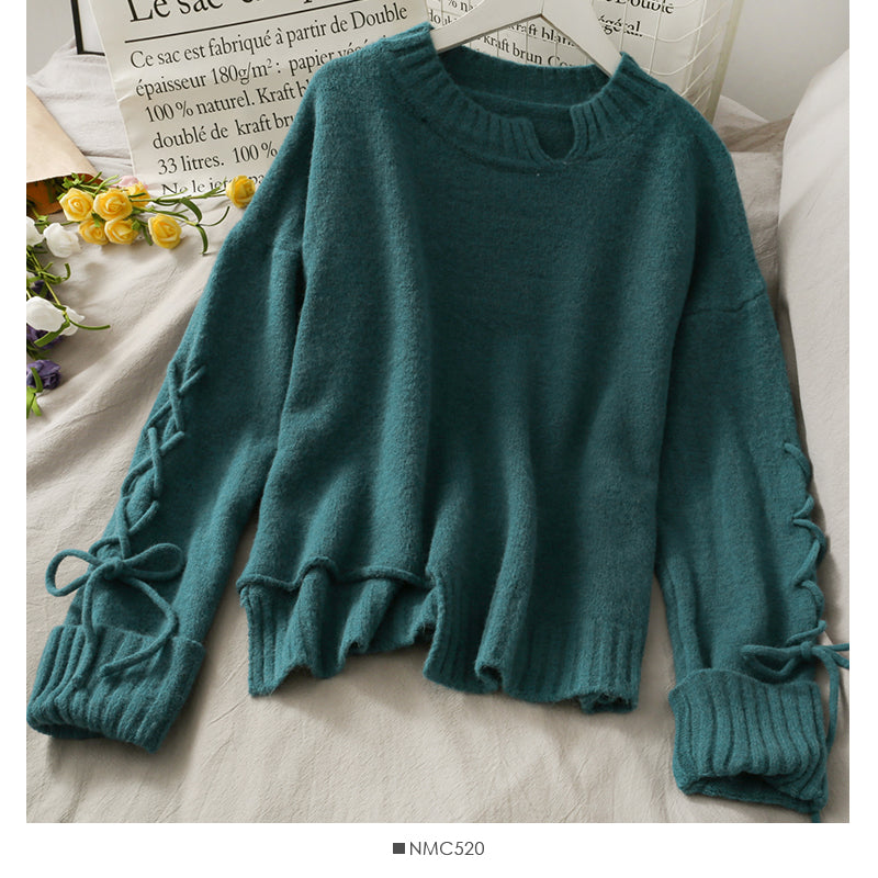 New drawstring lace up long sleeve loose Pullover Sweater  1709