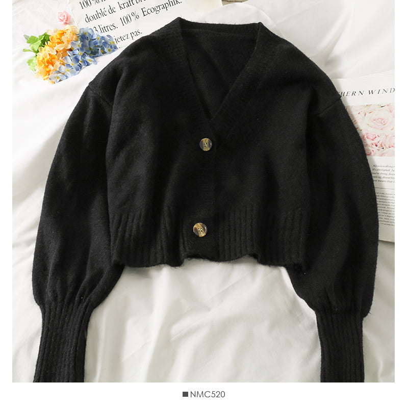 Sweater female small short two button long sleeve sweater  1880
