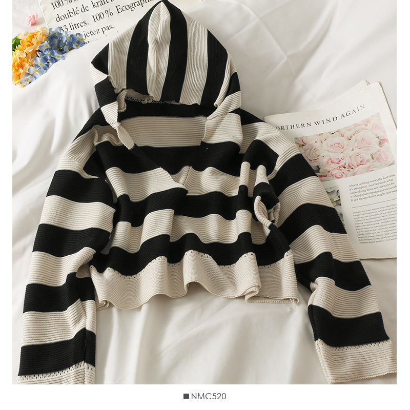 Hooded sweater women's autumn stripe versatile long sleeve Pullover Sweater  1989