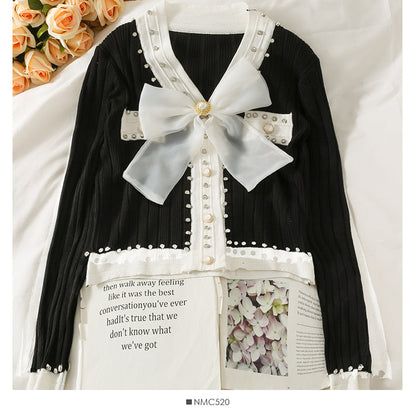 Diamond bow trim low neck long sleeve knit  1746