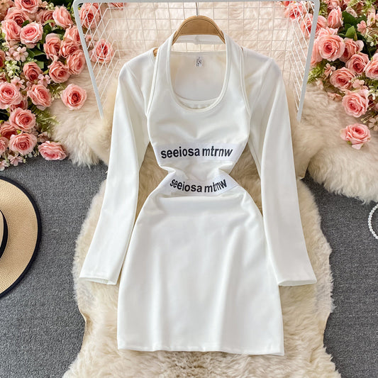 Fake two piece neck and shoulder bag hip dress  2857