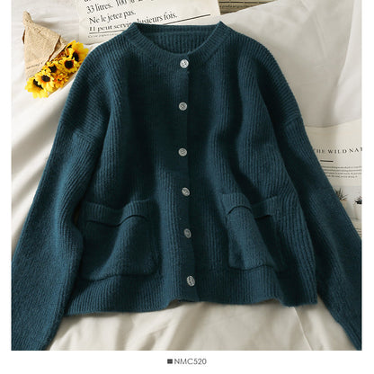 Large pocket round neck long sleeve cardigan sweater loose and thin breasted sweater  1978