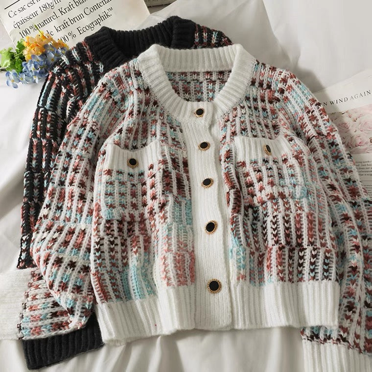 Loose crew-neck knit, striped single-breasted cardigan long-sleeved top  1445