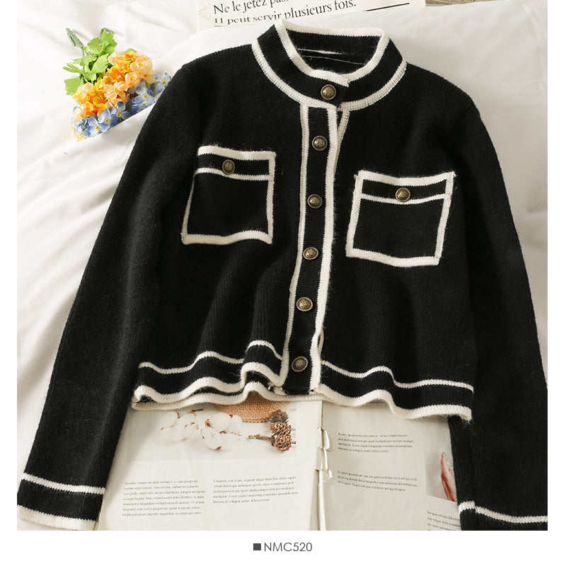 Korean stripe stand collar single breasted cardigan sweater female  1802