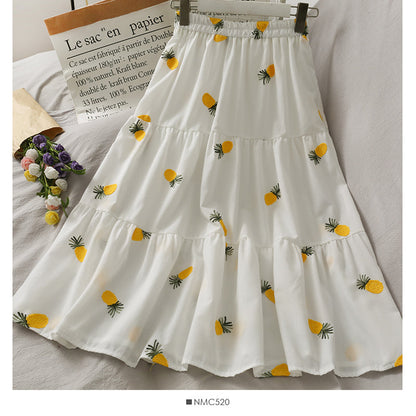 Sweet wind strawberry embroidery stitched medium length skirt  2584