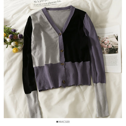 New contrast stitching V-neck single breasted long sleeved women's T-shirt  1890