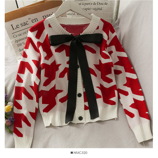 Sweet and versatile bow knot round neck single breasted sweater women  1988