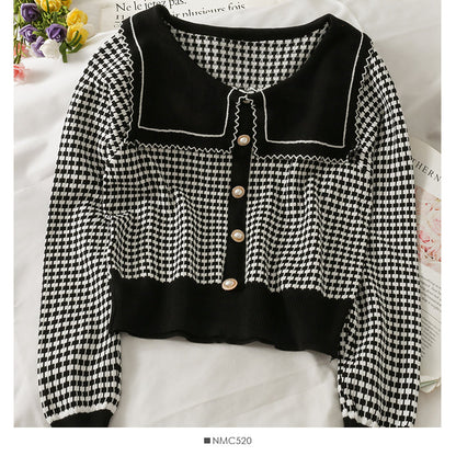 Slim and slim check long sleeve sweater women's doll neck  1760