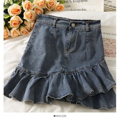 Light denim skirt with thin waist and ruffle edge  2561
