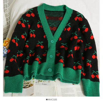 Hong Kong Vintage contrast stitched cherry print V-neck T-shirt  1881