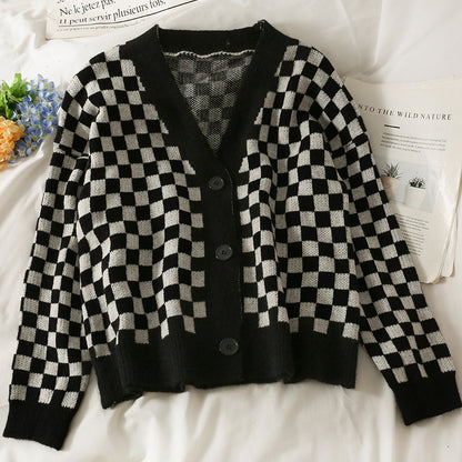 Single breasted cardigan plaid sweater women's sweater  1789