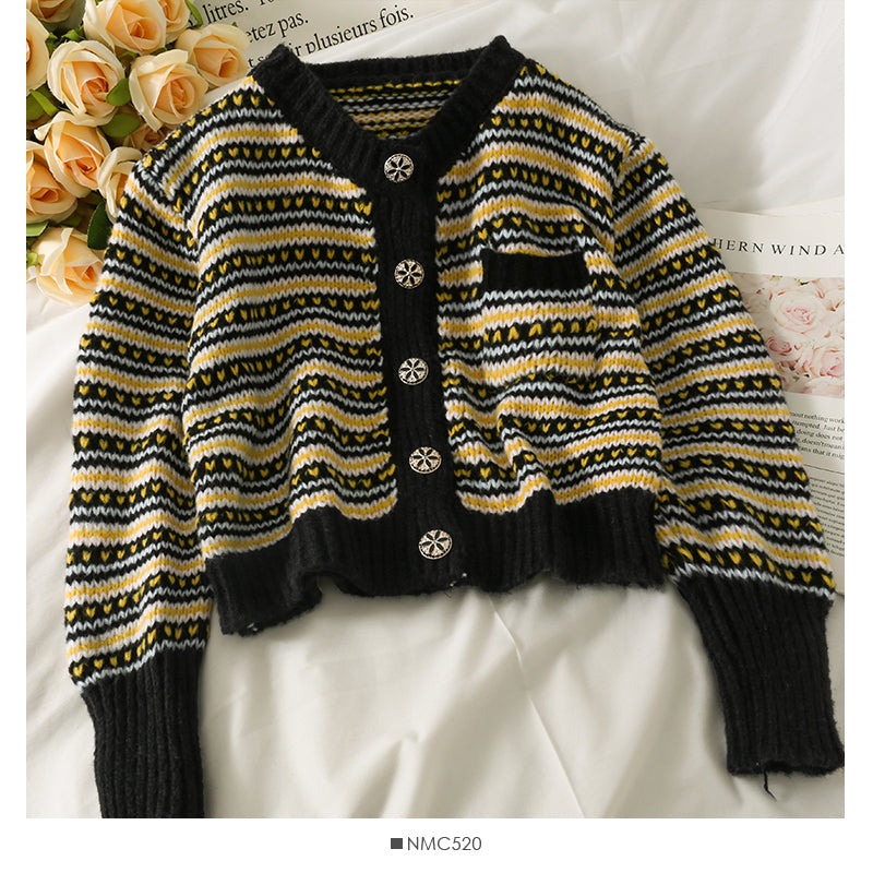 Vintage contrast stitched striped single breasted cardigan sweater  1869