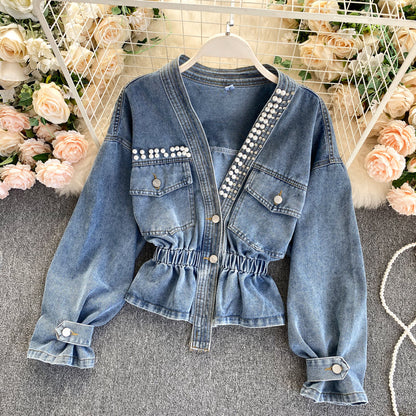 Denim Jacket Women's design sense heavy industry nail bead V-neck slim fit  1489