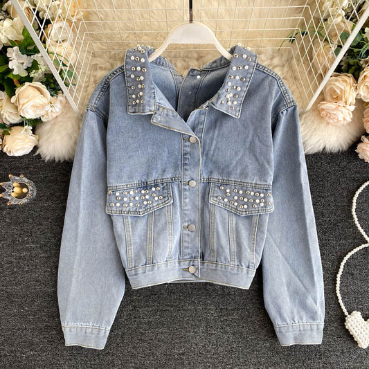 Denim coat women's heavy industry Beaded coat  1535