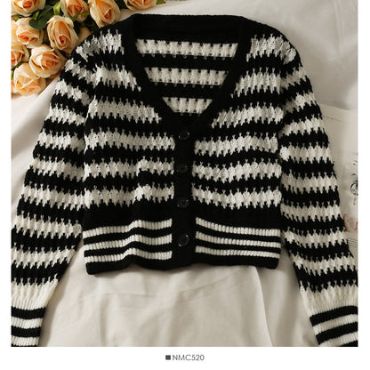Korean stripe loose and thin short single breasted cardigan sweater  1883