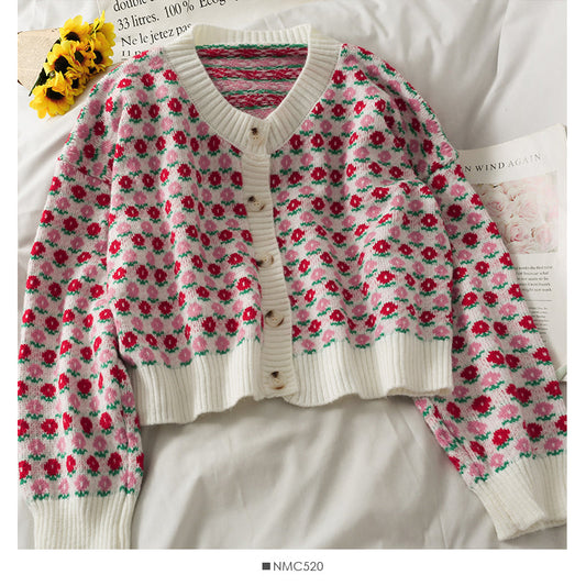 Sweet wind color blocking round neck single breasted long sleeved sweater  1969