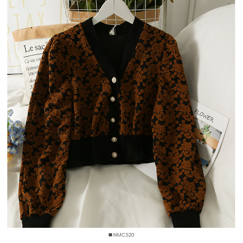 Printed single breasted sweater women's V-neck slim long sleeved sweater  1877