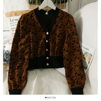 Printed single breasted sweater women's V-neck slim long sleeved sweater  1877