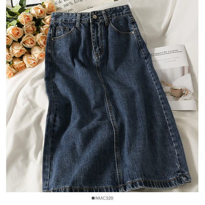 Han Fan simple and versatile solid medium length denim skirt  2534