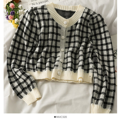 Korean retro color block check short loose knit women's shirt  1815