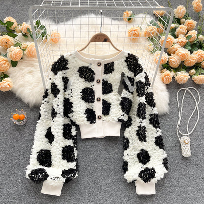 Sweet temperament three-dimensional flower bubble long sleeve top  1564