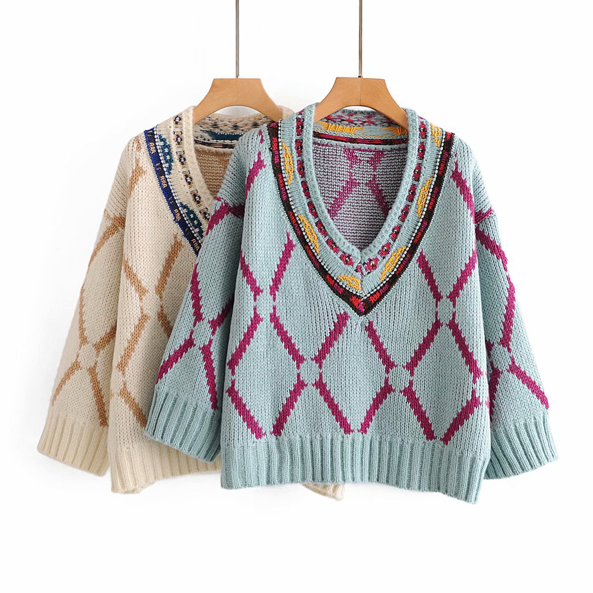 Embroidered pattern V-neck thickened ethnic style sweater loose-fitting sweater for women  1368