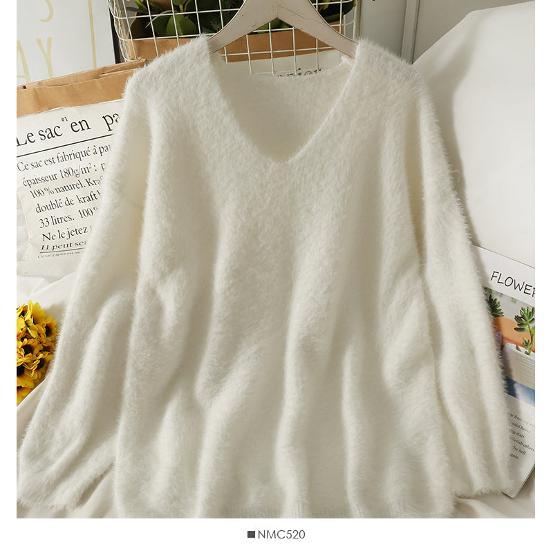 Plush loose slim V-Neck long sleeve sweater women's solid color versati  1964