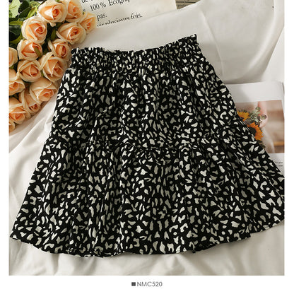 Hong Kong style retro leopard print high waist slim A-line skirt  2508