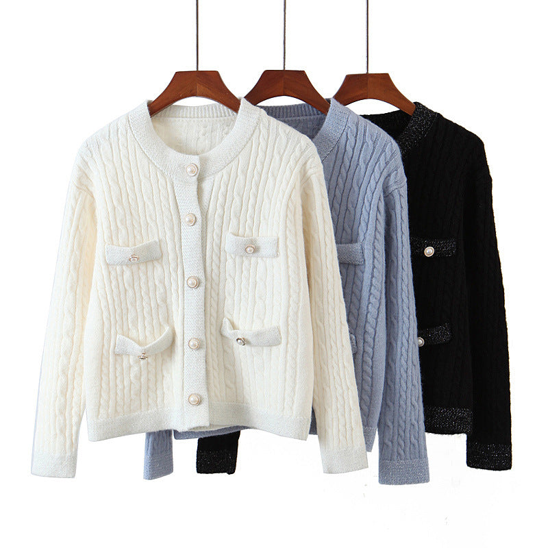 Pearl button cardigan sweater for women's dress with small fragrance and twist design  1350