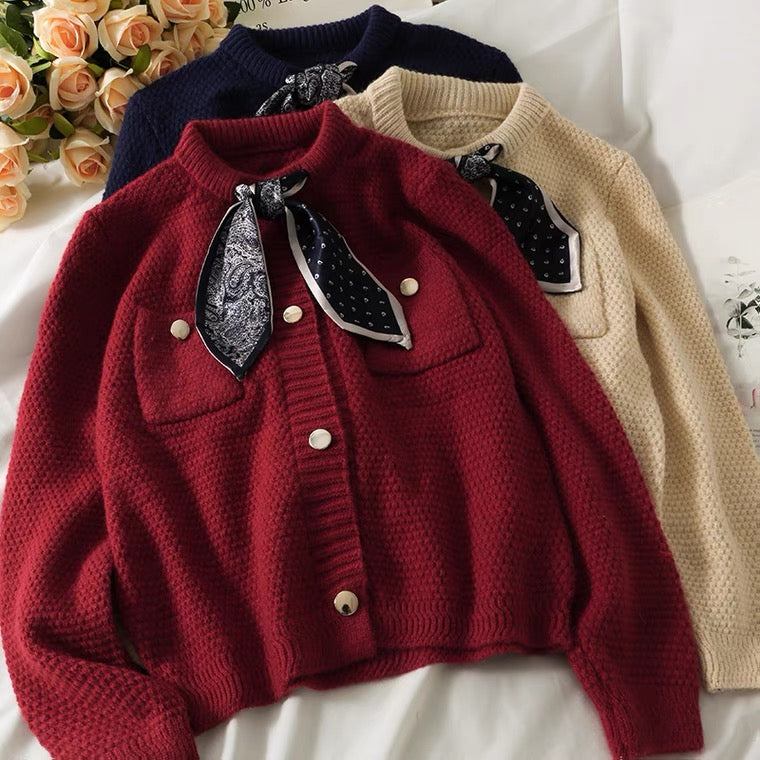 Vintage, bow-tied single-breasted loose knit, long-sleeved cardigan top  1448