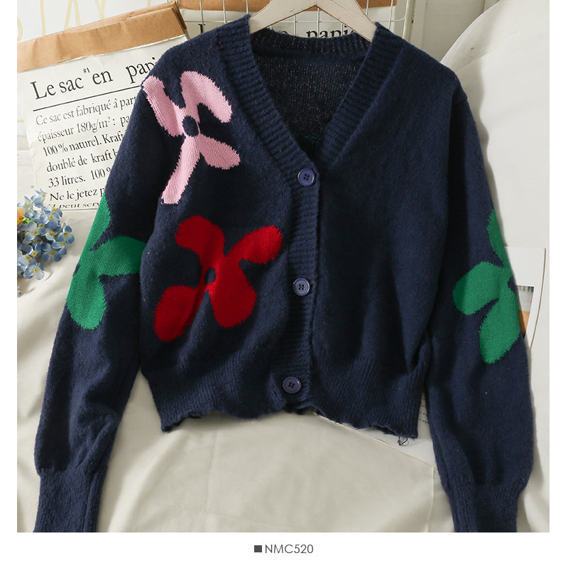 Slim low neck single breasted printed sweater women's new long sleeve versatile cardigan sweater  2082