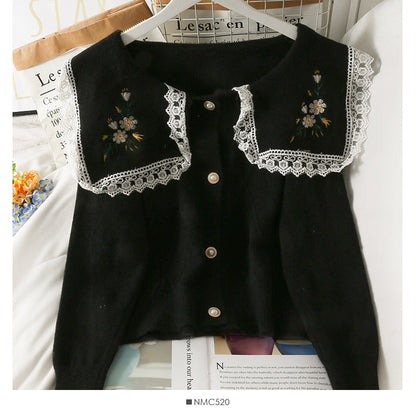 Sweet wind lace stitched doll neck sweater  1756