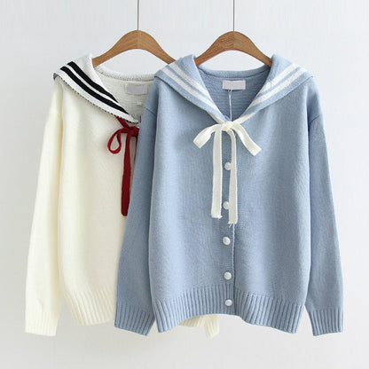 Navy collar long sleeve sweater, student tie bow knit cardigan  1414