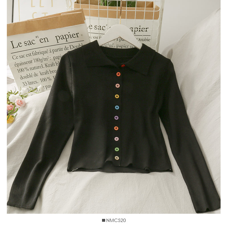 Sweet wind color single breasted Polo neck slim fit sweater  1907