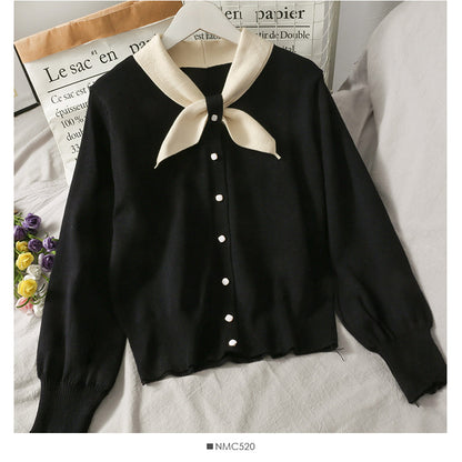 New color blocked bow single breasted loose knit  1937