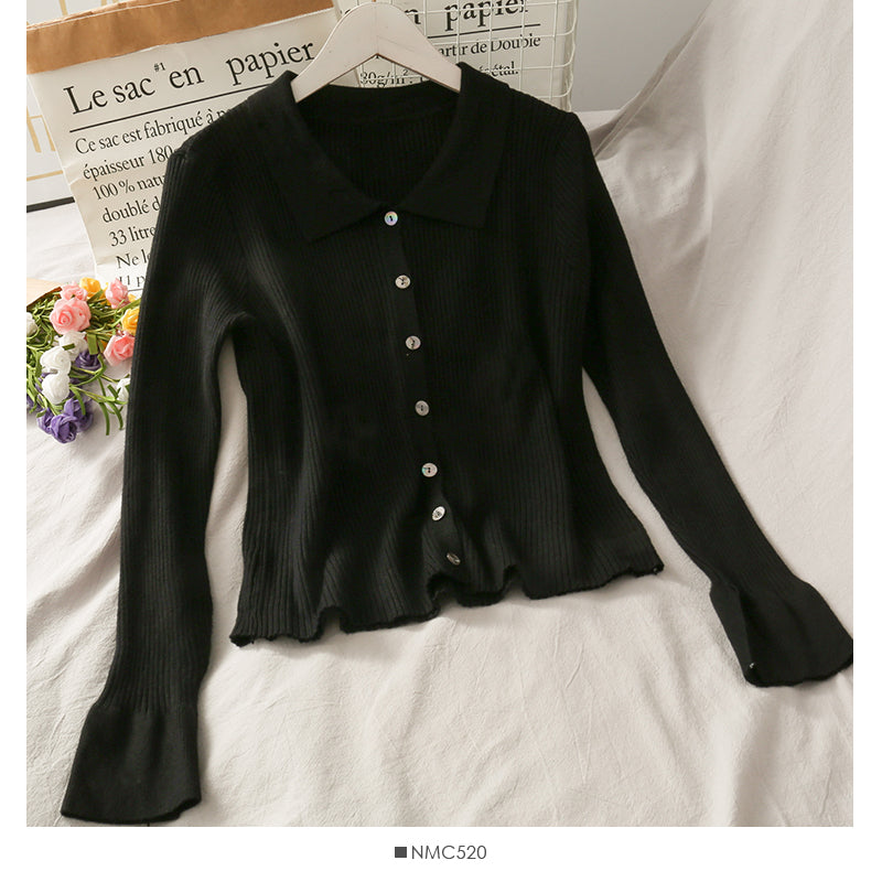 Lapel cardigan top female slim fit versatile sweater  1744