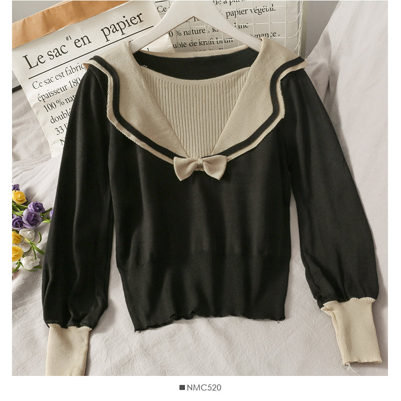 New bow V-neck contrast stitching women's T-shirt  1948