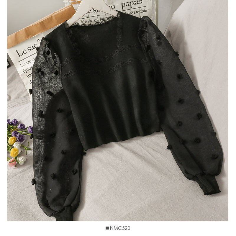 Small short square neck open collarbone wavy edge sweater  1936