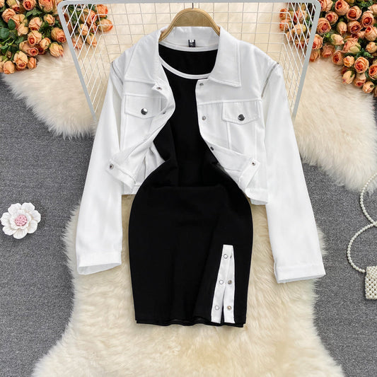 Black split vest skirt dress two piece set  2855
