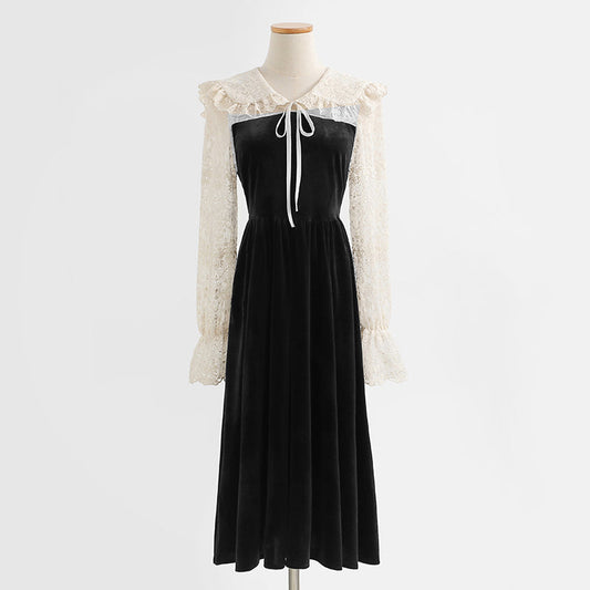 Fake two piece lace skirt stitching velvet dress method  2282